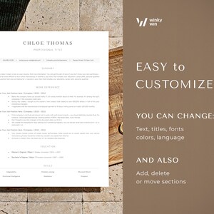 K&ouml;nnte beinhalten: Eine wei&szlig;e Lebenslaufvorlage mit dem Text "CHLOE THOMAS" und "PROFESSIONAL TITLE" oben. Der Lebenslauf enth&auml;lt Abschnitte f&uuml;r Berufserfahrung, Ausbildung und F&auml;higkeiten. Der Text "EASY to CUSTOMIZE" wird in einem braunen Feld mit dem Text "YOU CAN CHANGE: Text, titles, fonts colours, language AND ALSO Add, delete or move sections" darunter angezeigt.
