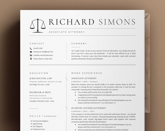 Legal Resume Template for Word Cv Template Attorney Resume | Etsy