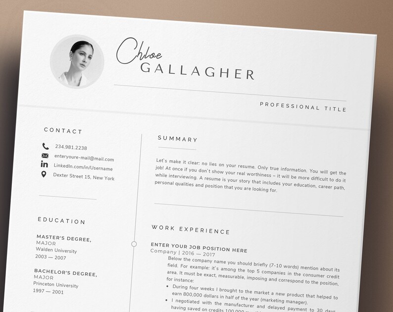 May include: A resume template with a black and white design. The resume includes sections for contact information, summary, education, and work experience. The template is designed to be professional and easy to read.