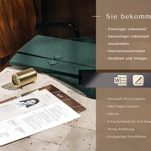May include: A green folder with a resume inside. The resume is for Eva Vogel and is printed on white paper. The folder is on a table with a gold metal object. The text on the right side of the image reads "Sie bekommen" followed by a list of items: "Einseitiger Lebenslauf", "Zweiseitiger Lebenslauf", "Anschreiben", "Motivationsschreiben", "Deckblatt und Anlagen", "Microsoft Word Dateien", "MAC Pages Dateien", "DIN A4", "Extra Symbole f&uuml;r Ihre Kreativit&auml;t", "Winky Anleitung", "Einzigartige Schriftarten".