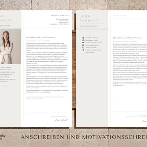 May include: A two-page resume template with a professional design. The left page features a photo of a woman, contact details, and a section for skills. The right page contains a cover letter. The text "LENA SCHMIDT" is at the top.