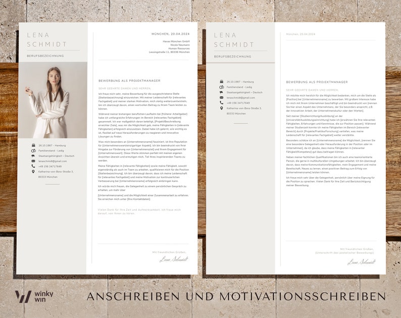 May include: A two-page resume template with a professional design. The left page features a photo of a woman, contact details, and a section for skills. The right page contains a cover letter. The text "LENA SCHMIDT" is at the top.