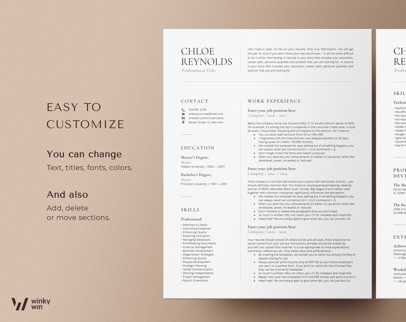May include: A minimalist resume template with a brown background and white text. The template includes sections for contact information, work experience, education, and skills. The text "EASY TO CUSTOMIZE" is displayed in large font at the top of the page. The text "You can change Text, titles, fonts, colors." is displayed below the "EASY TO CUSTOMIZE" text. The text "And also Add, delete or move sections." is displayed below the "You can change Text, titles, fonts, colors." text.