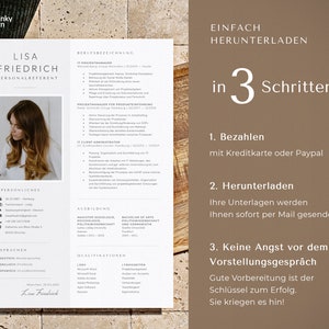 May include: A resume template with a photo of a woman, featuring sections for personal details, work experience, and education. The resume is in a clean, minimalist design with a light background and dark text. The text "Einfach Herunterladen in 3 Schritten" is also visible.