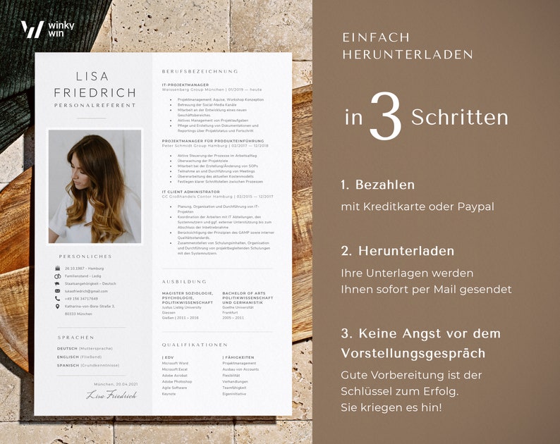 May include: A resume template with a photo of a woman, featuring sections for personal details, work experience, and education. The resume is in a clean, minimalist design with a light background and dark text. The text "Einfach Herunterladen in 3 Schritten" is also visible.