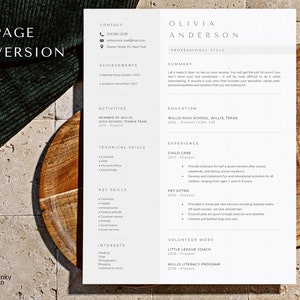 May include: A one-page resume template with the name "Olivia Anderson" at the top. The resume includes sections for contact information, achievements, activities, technical skills, key skills, and interests. The resume is on a white background.