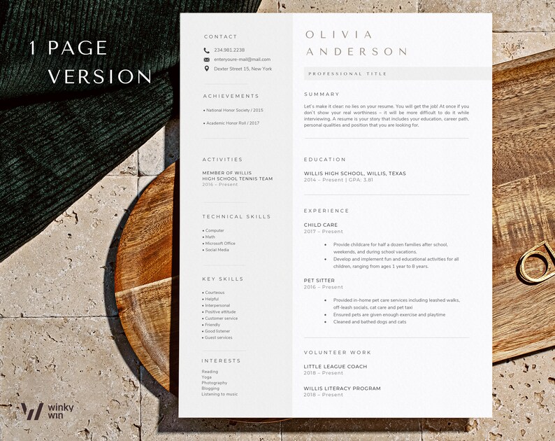May include: A one-page resume template with the name "Olivia Anderson" at the top. The resume includes sections for contact information, achievements, activities, technical skills, key skills, and interests. The resume is on a white background.