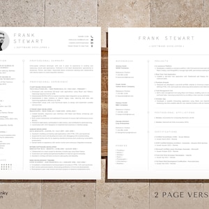 May include: A two-page resume template in black and white with a minimalist design. The resume includes sections for education, professional summary, professional experience, skills, languages, references, projects, professional affiliations, certifications, and hobbies.