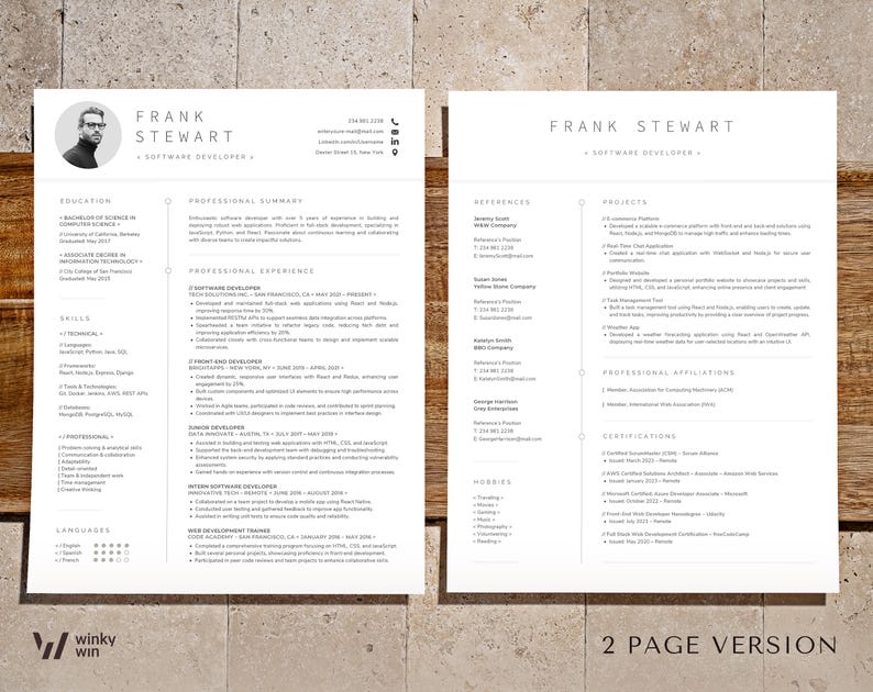 May include: A two-page resume template in black and white with a minimalist design. The resume includes sections for education, professional summary, professional experience, skills, languages, references, projects, professional affiliations, certifications, and hobbies.