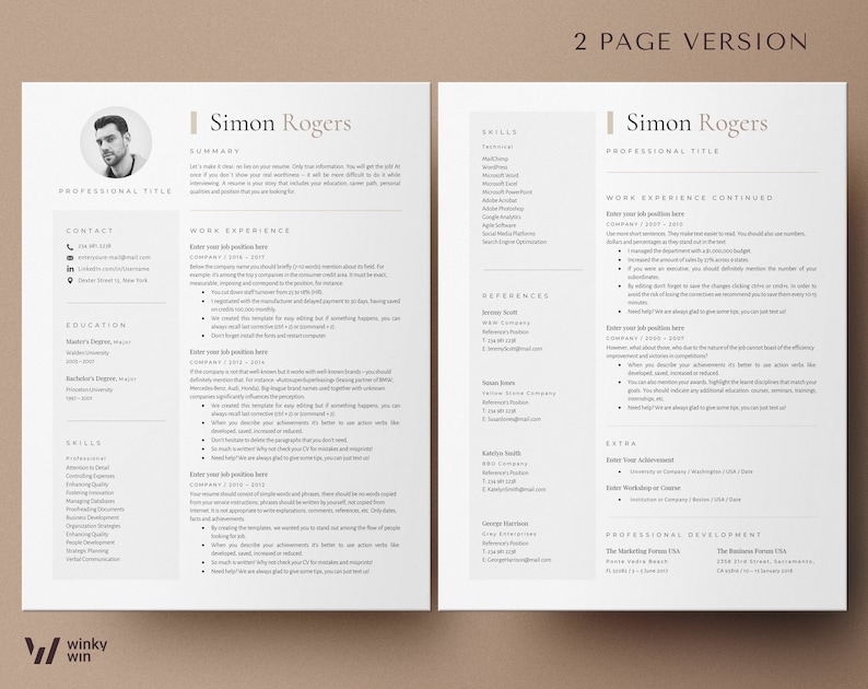 May include: A two-page resume template with a professional design. The resume includes sections for contact information, education, skills, work experience, references, and professional development. The template is designed to help job seekers create a visually appealing and informative resume.