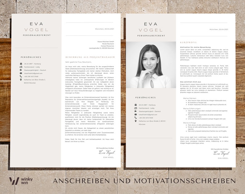 May include: A black and white resume template with a professional headshot of a woman. The resume includes personal information, a cover letter, and a skills section.