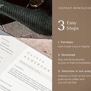 May include: A resume template with the name "Olivia Anderson" is displayed on a light-colored surface. The resume includes sections for contact information, achievements, summary, and education. The image also includes the text "Instant Download" and "3 Easy Steps".