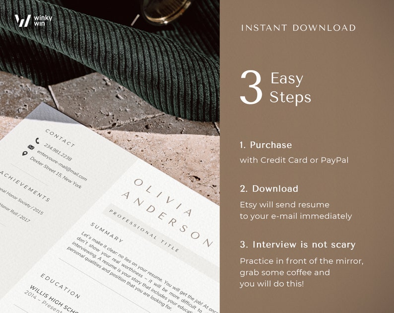 May include: A resume template with the name "Olivia Anderson" is displayed on a light-colored surface. The resume includes sections for contact information, achievements, summary, and education. The image also includes the text "Instant Download" and "3 Easy Steps".