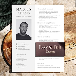May include: A black and white resume template featuring the name "Marcus Adams" and a photo. The resume includes sections for community involvement, honors, clubs, and education. The text "Easy to Edit Canva" is also visible.