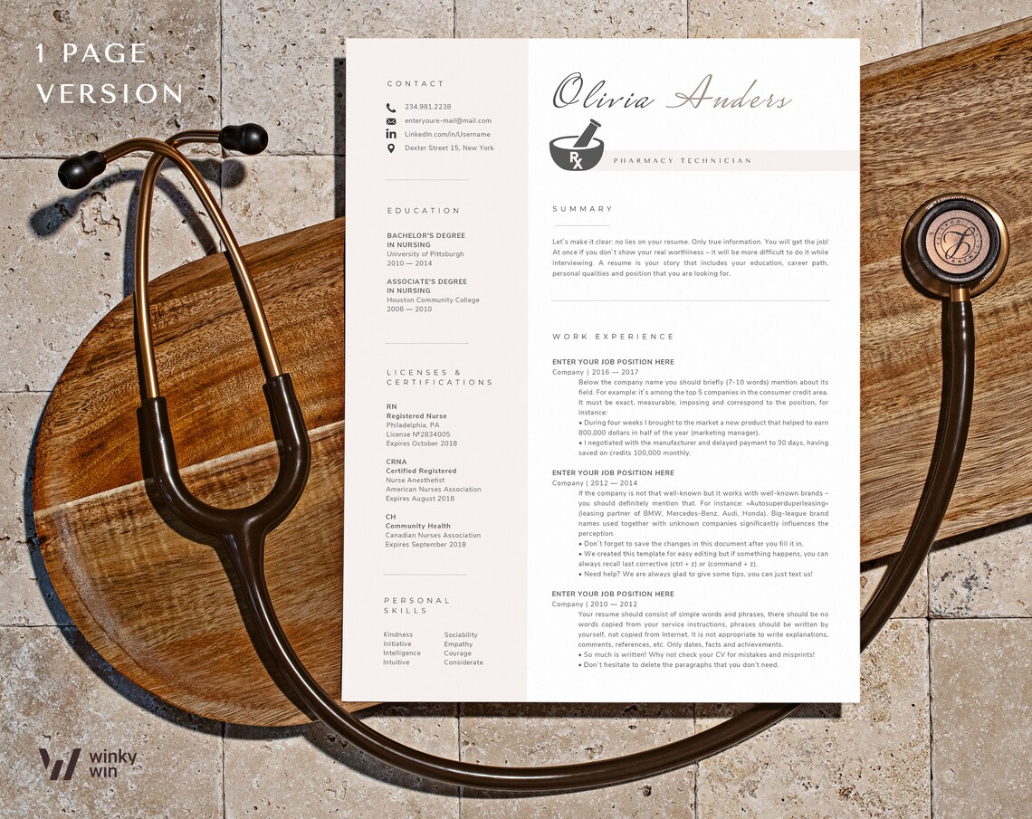 Pharmacy Technician Resume Template Cv Pharmacy Tech Resume - Etsy
