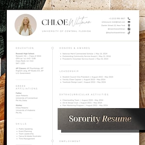 Sorority Resume Template, Rush Resume with photo, Sorority Recruitment Resume Packet, Social Resume and Cover Letter Design for Canva