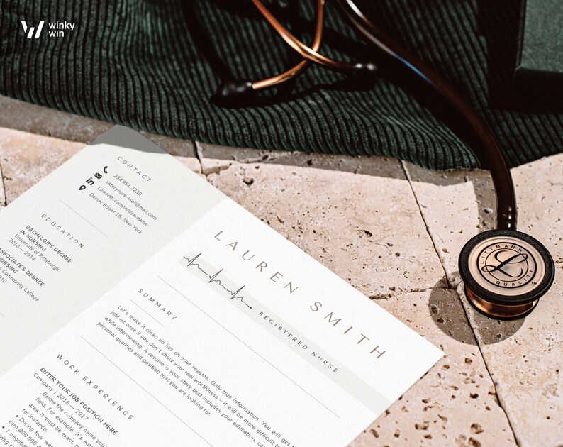 May include: A white CV with a black and white heartbeat graphic and the text "LAUREN SMITH REGISTERED NURSE". The CV is on a beige surface with a stethoscope.