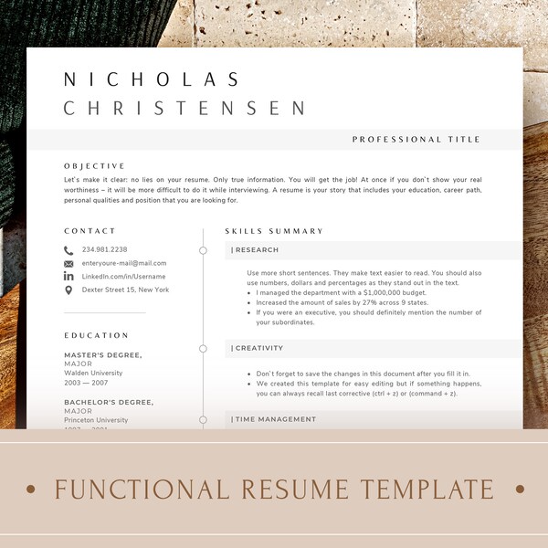 Functional Resume Template, Skills Based Resume, Cv Template Word, Professional Resume Format with Skills Summary and Objective Sections