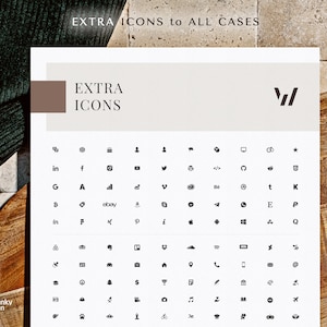 May include: A white sheet with the text "EXTRA ICONS" and a collection of small, black icons. The icons represent various symbols, including social media, business, and communication. The image is on a wooden surface.