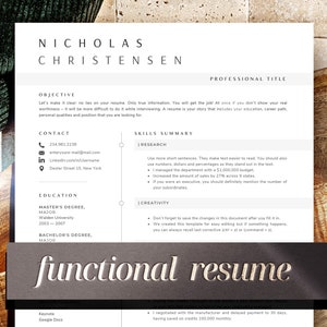 May include: A functional resume template with a dark gray background and white text. The resume includes sections for objective, contact information, skills summary, education, and creativity. The text "functional resume" is written in a large, white font on a dark gray background.