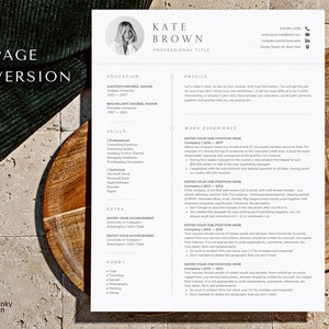 May include: A one-page resume template with a wood background. The resume is for Kate Brown and includes sections for education, skills, work experience, extra, and hobbies. The template is designed to help job seekers create a professional and visually appealing resume.