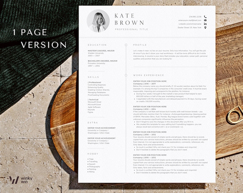 May include: A one-page resume template with a wood background. The resume is for Kate Brown and includes sections for education, skills, work experience, extra, and hobbies. The template is designed to help job seekers create a professional and visually appealing resume.