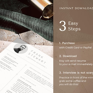 May include: A black and white resume template with a photo of a man in a circle at the top. The resume is for Frank Stewart, a Software Developer. The resume includes sections for Education, Skills, Professional Summary, and Work Experience. The text "INSTANT DOWNLOAD" is at the top of the page. Below the resume, there are three steps for purchasing and downloading the resume: 1. Purchase with Credit Card or PayPal, 2. Download Etsy will send resume to your e-mail immediately, 3. Interview is not scary Practice in front of the mirror, grab some coffee and you will do this!"
