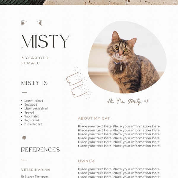 Cat resume rental application, About my pet letter, Cat bio page biography cover letter, Renting with pet resume, Editable template Canva