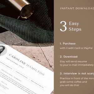 May include: A white resume template with a professional headshot of a woman. The text "CAROLINE HAMILTON" is at the top of the resume. The resume includes a professional summary, skills, and work experience. The image also includes a brown background with the text "INSTANT DOWNLOAD" and "3 Easy Steps" with instructions on how to purchase and download the resume.