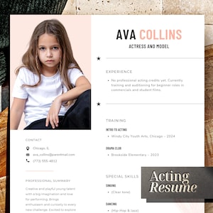 Curriculum vitae per attore bambino senza esperienza, modello di curriculum vitae per attore bambino principiante, design rosa con foto segnaletica, curriculum vitae per attrice bambino per audizione bambino