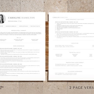 May include: A two-page resume template in black and white with the text "CAROLINE HAMILTON" at the top of the first page and "CAROLINE HAMILTON WORK EXPERIENCE CONTINUED" at the top of the second page. The resume template includes sections for professional summary, skills, work experience, education, technical skills, professional development, volunteer experience, and a footer with the text "winky win 2 PAGE VERSION".
