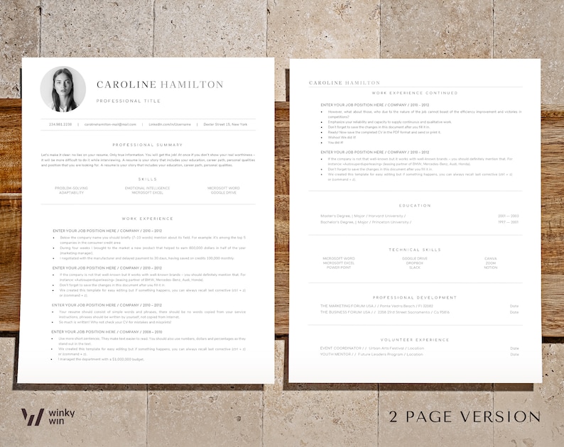 May include: A two-page resume template in black and white with the text "CAROLINE HAMILTON" at the top of the first page and "CAROLINE HAMILTON WORK EXPERIENCE CONTINUED" at the top of the second page. The resume template includes sections for professional summary, skills, work experience, education, technical skills, professional development, volunteer experience, and a footer with the text "winky win 2 PAGE VERSION".