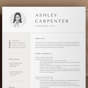 May include: A black and white resume template with a professional headshot of a woman. The resume includes sections for contact information, objective, education, work experience, and skills. The text on the resume is in a simple, modern font.