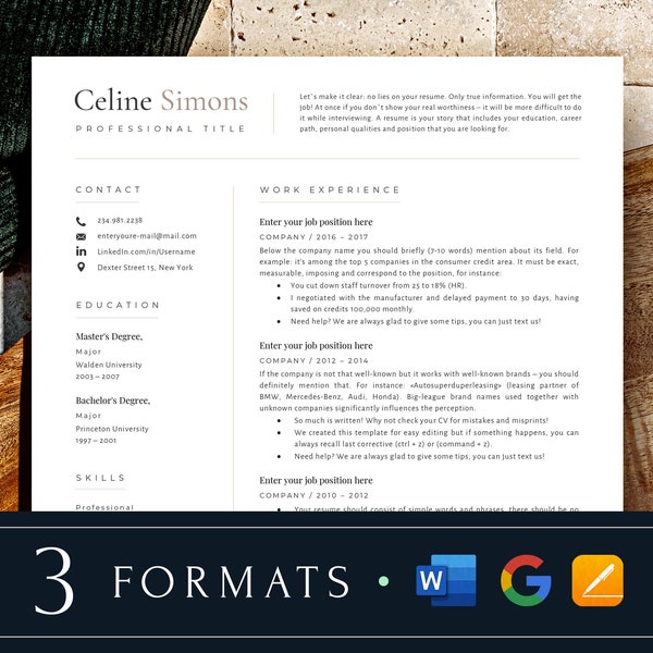 One Page Resume Template Google Docs, Mac Pages, Word Cv Template Professional Resume and Cover Letter Template Simple Clean Resume Design