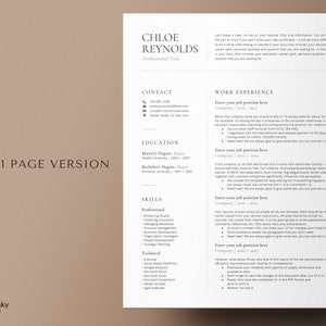 May include: A one-page resume template with a modern design. The resume is for Chloe Reynolds and includes sections for contact information, education, work experience, and skills. The template is designed to be easy to read and visually appealing.