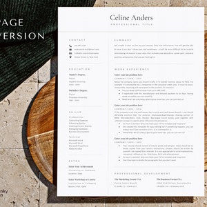 May include: A black and white resume template with the title "Celine Anders" and the text "1 Page Version". The resume includes sections for contact information, education, work experience, skills, extra, and professional development.