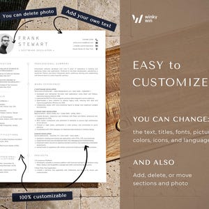 May include: A customizable resume template with a black and white design. The template features a photo placeholder, contact information, education, work experience, skills, certifications, professional applications, and projects sections. The text "EASY to CUSTOMIZE" and "YOU CAN CHANGE: the text, titles, fonts, pictures, colors, icons, and language" is displayed on a brown wooden background. The text "AND ALSO Add, delete, or move sections and photo" is displayed below the previous text. The text "100% customizable" is displayed at the bottom of the template.
