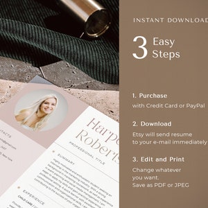May include: A resume template featuring a circular photo placeholder, contact details, and summary sections. The text reads Instant Download, 3 Easy Steps, 1. Purchase, 2. Download, and 3. Edit and Print. The design uses a neutral color palette.