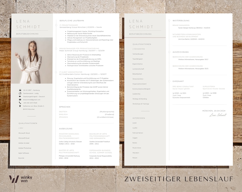May include: A two-page resume design with a professional layout. The resume features the name "LENA SCHMIDT" at the top, with sections for qualifications, work experience, and education. The design is clean and modern, with a light color scheme.