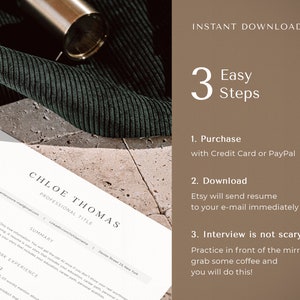 K&ouml;nnte beinhalten: Ein brauner Hintergrund mit wei&szlig;em Text, der "Sofort-Download" und "3 einfache Schritte" lautet. Die Schritte sind wie folgt aufgelistet: 1. Kauf mit Kreditkarte oder PayPal, 2. Download Etsy sendet den Lebenslauf sofort an Ihre E-Mail, 3. Das Vorstellungsgespr&auml;ch ist nicht be&auml;ngstigend &Uuml;ben Sie vor dem Spiegel, nehmen Sie einen Kaffee und Sie werden es schaffen!"