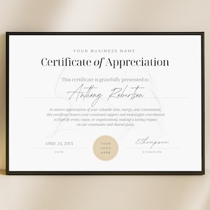 Plantilla de certificado de agradecimiento (Canva), certificado de agradecimiento editable, diseño imprimible para certificado de reconocimiento de empleados.