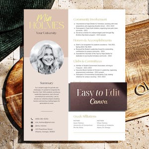 May include: A resume template with a photo of a smiling woman, titled "Mia Holmes." The design features a soft color palette with sections for community involvement, honors, and clubs. The text "Easy to Edit Canva" is also visible.
