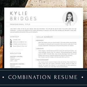 May include: A black and white resume template with the name Kylie Bridges at the top. The resume includes a professional title, contact information, education, and skills summary. The text "COMBINATION RESUME" is at the bottom of the page.