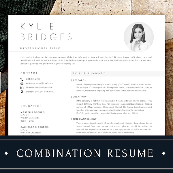 Combination Resume Template Format, Combination CV Template Resume with Skills Summary, Experience, Language, Soft and Hard Skills Sections