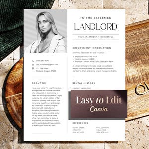 May include: A black and white resume template with a photo of a woman, contact information, employment history, and the text "Easy to Edit Canva". The resume is on a white background with a wooden surface.