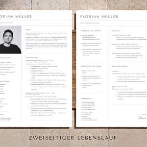 以下が含まれることがあります： 白黒の2ページの履歴書で、各ページの上部に「Florian M&uuml;ller」という名前が記載されています。履歴書には、個人情報、職務経歴、学歴、スキルが記載されています。