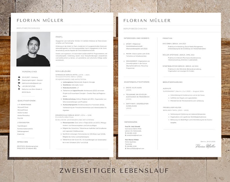 以下が含まれることがあります： 白黒の2ページの履歴書で、各ページの上部に「Florian M&uuml;ller」という名前が記載されています。履歴書には、個人情報、職務経歴、学歴、スキルが記載されています。
