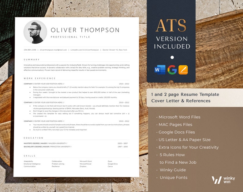 Professional Resume Template with photo, Cv Template Resume Google Docs, Word & Pages, Modern Resume Templates 2023, 1-3 Page Minimalist CV zdjęcie 5