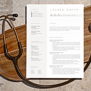 May include: A resume template for a registered nurse named Lauren Smith. The resume is designed with a medical theme and features a stethoscope on a wooden surface. The resume includes contact information, education, licenses and certifications, work experience, and personal skills.