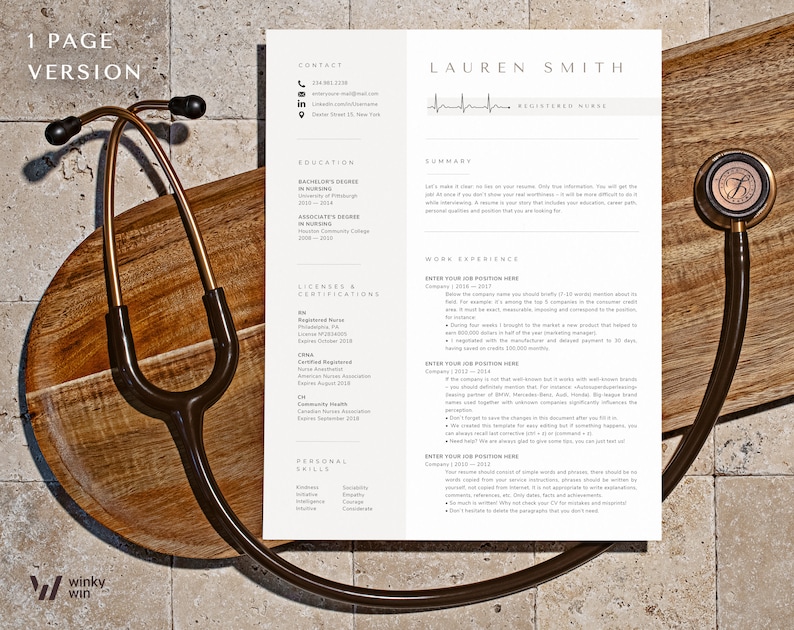 May include: A resume template for a registered nurse named Lauren Smith. The resume is designed with a medical theme and features a stethoscope on a wooden surface. The resume includes contact information, education, licenses and certifications, work experience, and personal skills.